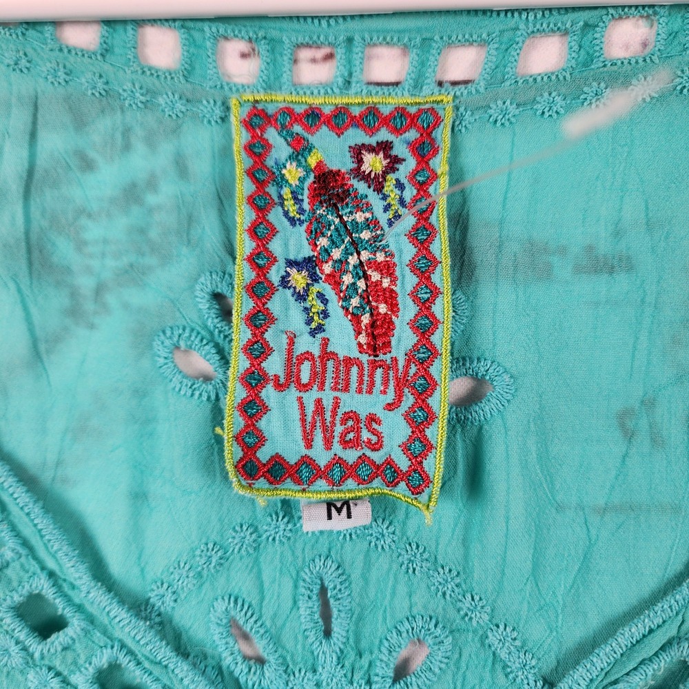 Johnny Was Embroidered Eyelet Boho Top Shirt Size M Reg Turquoise Blue V-Neck - Picture 4 of 7